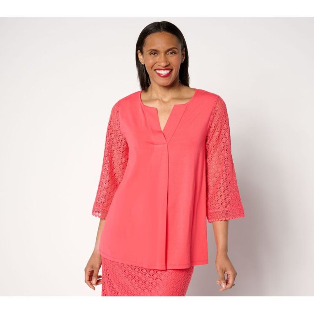 Isaac Mizrahi Live! Women's Top Plus Sz 5X Split Neck Sleeve Pleat Pink A647684